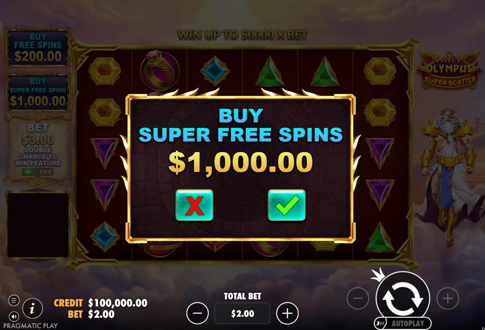 The Buy Super Free Spins confirmation window asking 1,000 dollars at a 2 dollar total bet, with the banner Win up to 50000 x bet above the grid.