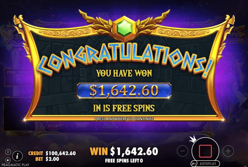 Gates of Olympus Super Scatter end screen: 1,642.60 dollars won in 15 free spins.