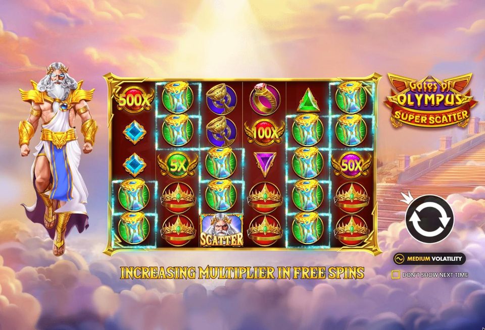Gates of Olympus Super Scatter intro screen: Zeus in gold armour floats to the left of a red and gold 6 by 5 grid holding 500x, 100x, 50x and 5x multiplier orbs and a Zeus scatter, with the Super Scatter logo, a temple staircase in pink clouds, the line Increasing multiplier in free spins and a medium volatility badge.