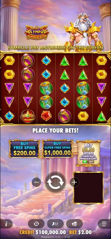 The base game on a phone held upright: Zeus and the logo above the grid, and below it the Buy Free Spins 200 dollars, Buy Super Free Spins 1,000 dollars and 3 dollar ante buttons above the spin button.