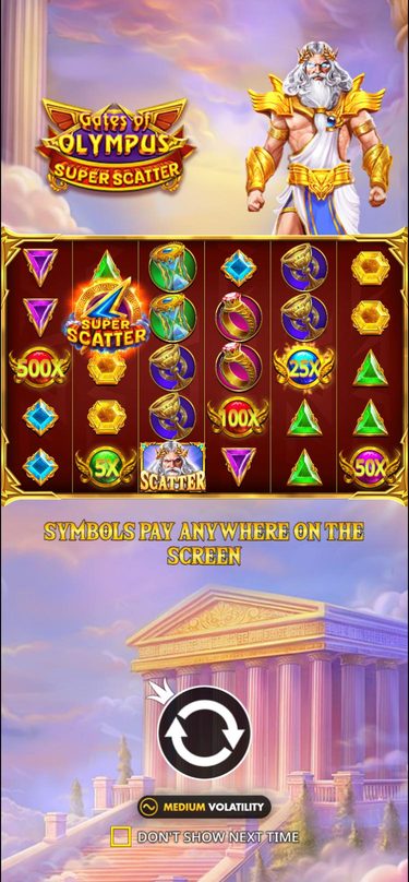 The Gates of Olympus Super Scatter intro on a phone: the logo and Zeus above the grid, a Super Scatter symbol and 500x, 100x, 50x, 25x and 5x orbs on the reels, a temple below and a medium volatility badge.
