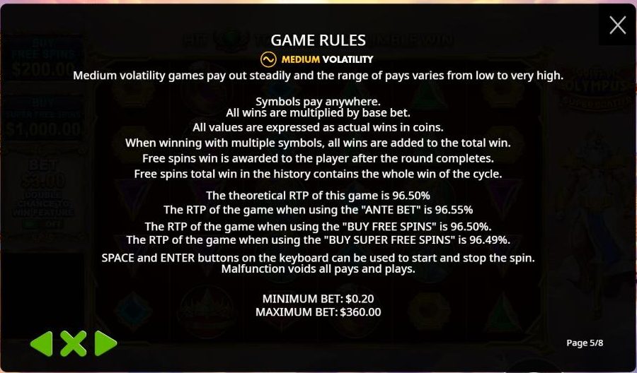The rules page of Gates of Olympus Super Scatter listing a medium volatility rating and separate RTP figures for the base game, the ante bet and both bonus buys.