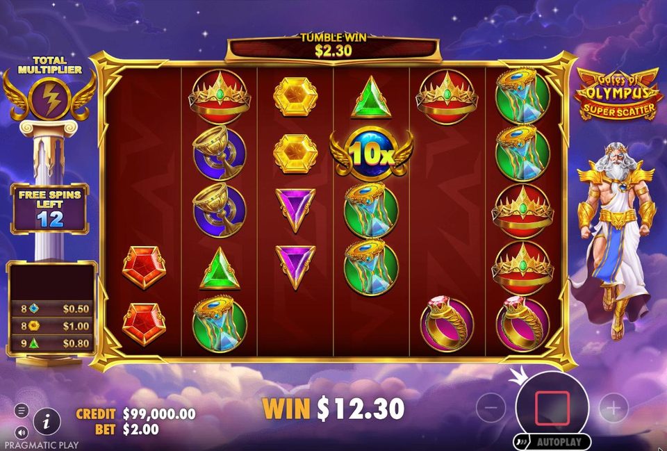 A blue winged 10x multiplier orb on the grid during Super Free Spins, with a tumble win of 2.30 dollars, 12 free spins left and a 12.30 dollar total win.