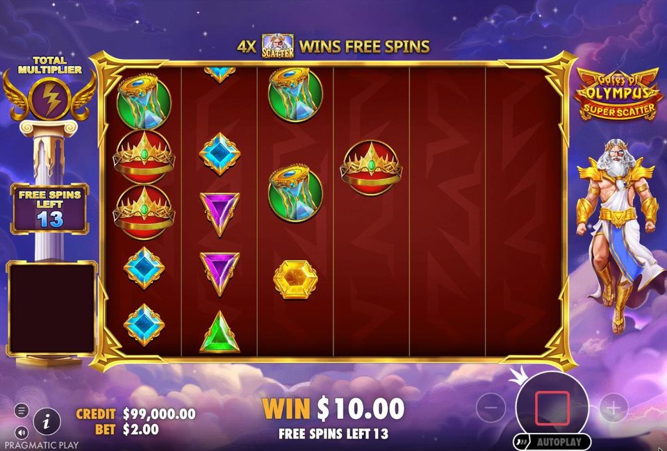 The start of Super Free Spins: the red grid against a purple night sky, a 4x scatter wins free spins banner, the total multiplier emblem on a column at the left showing only a lightning bolt, 13 free spins left and a 10 dollar win.