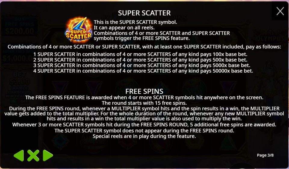 Page 3 of the Gates of Olympus Super Scatter rules: the gold lightning Super Scatter symbol, prizes of 100x, 500x, 5000x and 50000x the base bet for 1 to 4 Super Scatters in a combination of 4 or more scatters of any kind, and the free spins rules below.