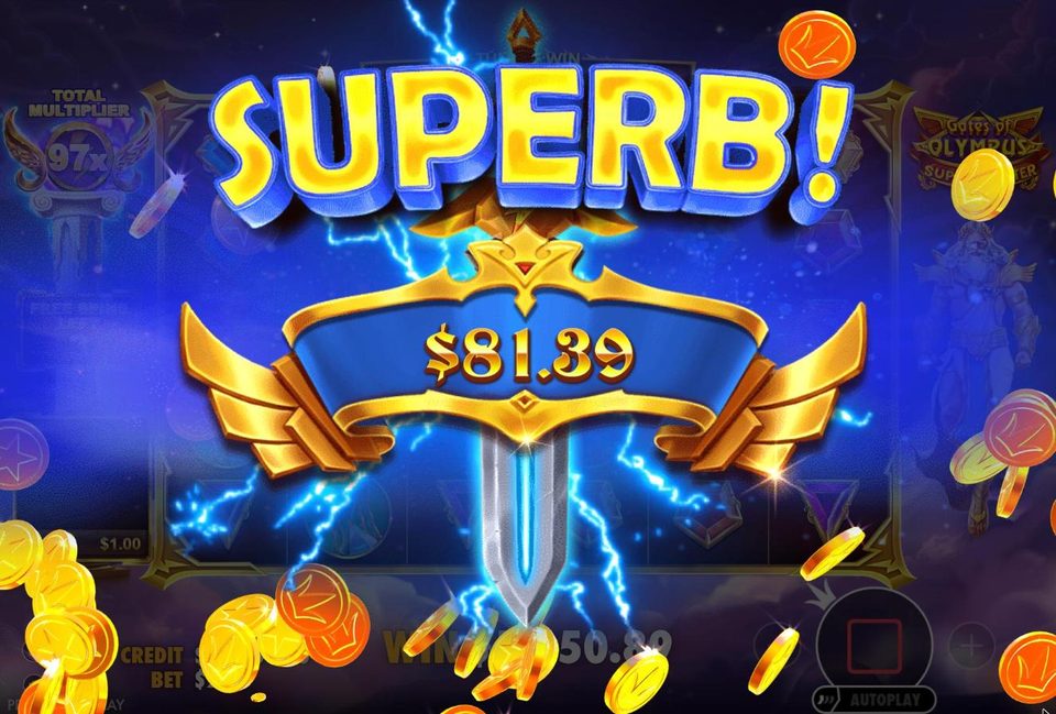 A Superb win pop-up showing 81.39 dollars on a blue winged banner with lightning, and the total multiplier at 97x visible in the top left corner.