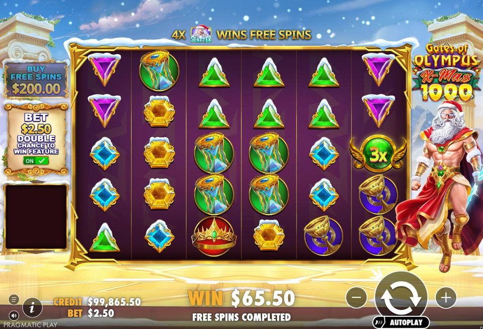 Gates of Olympus Xmas 1000 with the ante bet switched on: the panel on the left reads Bet 2.50 dollars, double chance to win feature, on, the Buy Free Spins button above it is dimmed, and a green 3x orb sits on the grid.