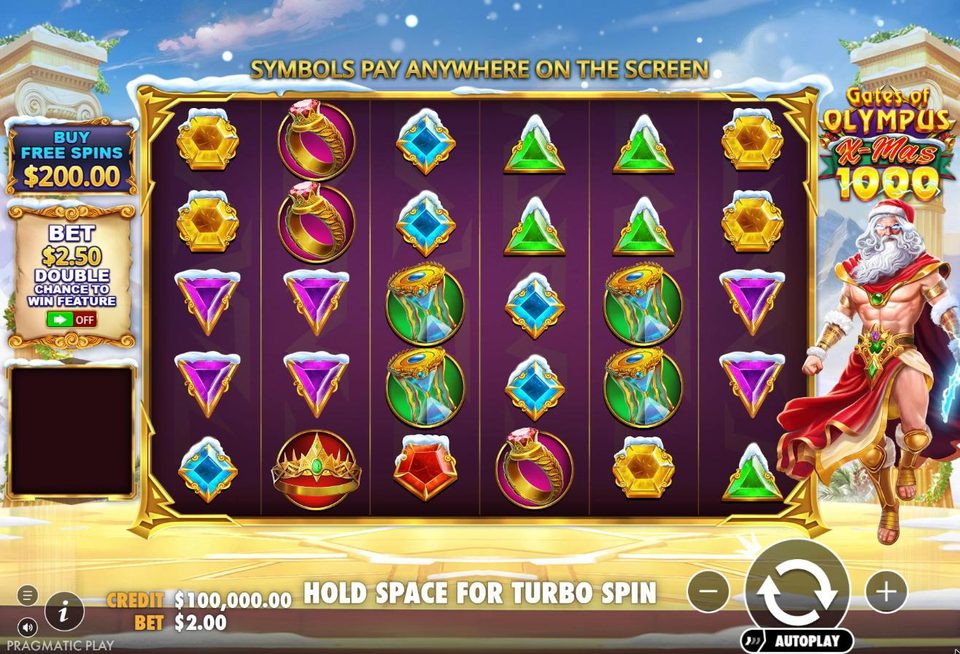 The Gates of Olympus Xmas 1000 base game on desktop: snow-capped gems, rings and hourglasses on the 6 by 5 grid, a Buy Free Spins button for 200 dollars and a 2.50 dollar ante switch set to off on the left, Zeus in a Santa hat on the right and a 2 dollar bet at the bottom.