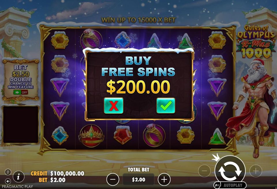 The Gates of Olympus Xmas 1000 buy free spins window with snow along its top edge, offering the feature for 200 dollars at a 2 dollar bet, under a banner reading Win up to 15000 x bet.