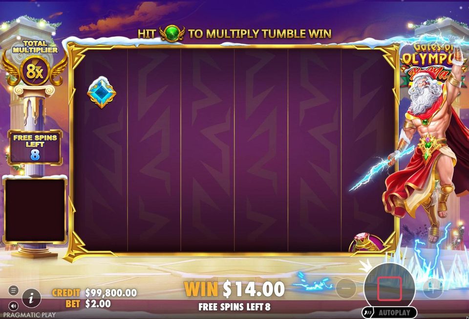 Later in the Gates of Olympus Xmas 1000 free spins: the total multiplier badge reads 8x with 8 free spins left, the grid is almost empty mid-tumble and the win counter shows 14 dollars.
