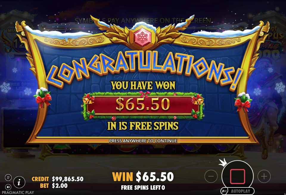 Gates of Olympus Xmas 1000 end screen: 65.50 dollars won in 15 free spins.