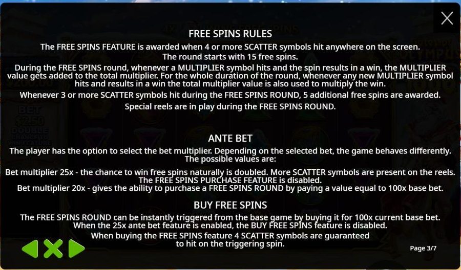 Page 3 of the Gates of Olympus Xmas 1000 rules: free spins start with 15 spins after 4 or more scatters, multipliers on winning spins add to a total multiplier, 3 or more scatters add 5 spins, followed by the ante bet and buy free spins rules.
