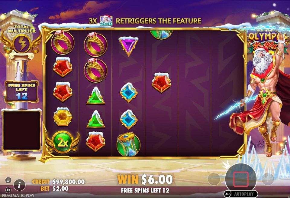 Gates of Olympus Xmas 1000 free spins: a green 2x orb in the bottom left of the grid, 12 free spins left, a total multiplier badge on the left showing only a lightning bolt, and Zeus in his Santa hat raising a lightning bolt.