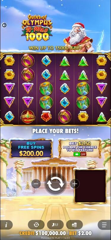 The Gates of Olympus Xmas 1000 base game on a phone: Zeus in a Santa hat and the logo above the grid, a Buy Free Spins button for 200 dollars and a 2.50 dollar ante switch below it, then the spin button and a 2 dollar bet.