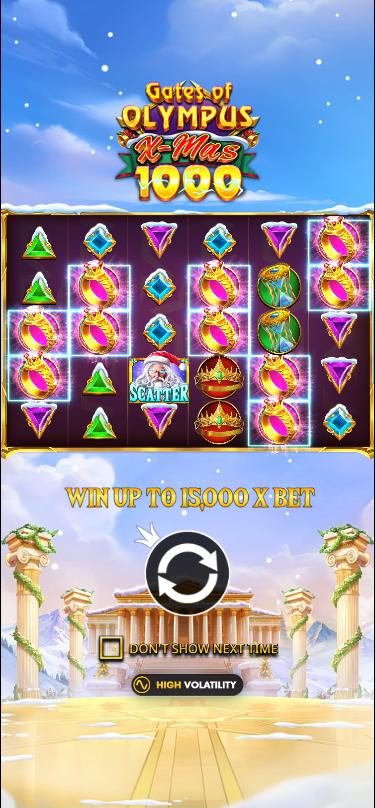The Gates of Olympus Xmas 1000 intro screen on a phone: the logo above a snowy grid with a Santa-hat scatter, the line Win up to 15,000 x bet, a snowy temple below and a high volatility badge.