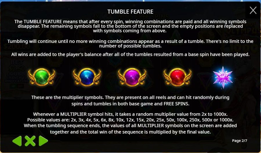 Page 2 of the Gates of Olympus Xmas 1000 rules: the tumble feature, the green, blue, purple and red winged orbs next to a purple snowflake crystal, and the list of multiplier values from 2x to 1000x.