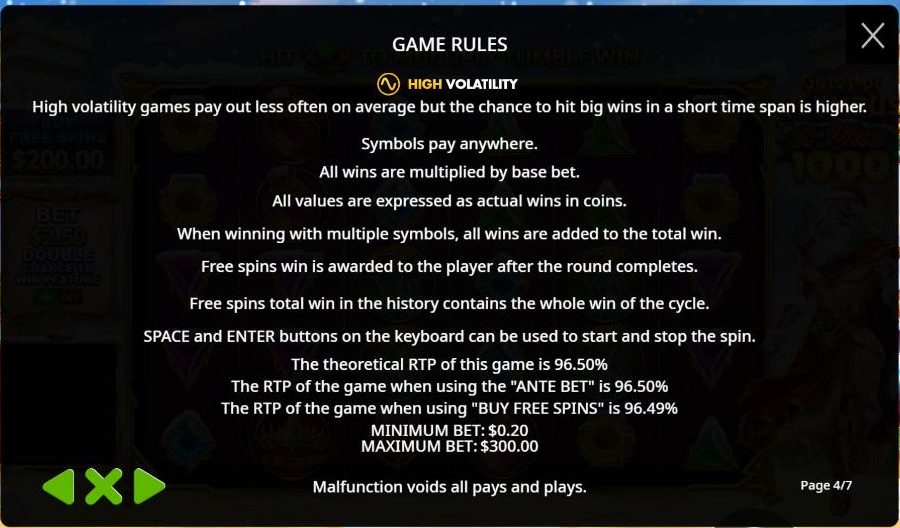 Page 4 of the Gates of Olympus Xmas 1000 rules with the high volatility rating, a theoretical RTP of 96.50 percent for the game and the ante bet, 96.49 percent for buy free spins, and bets from 0.20 to 300 dollars.